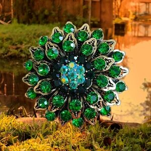 Green Rhinestone Layered Floral Brooch